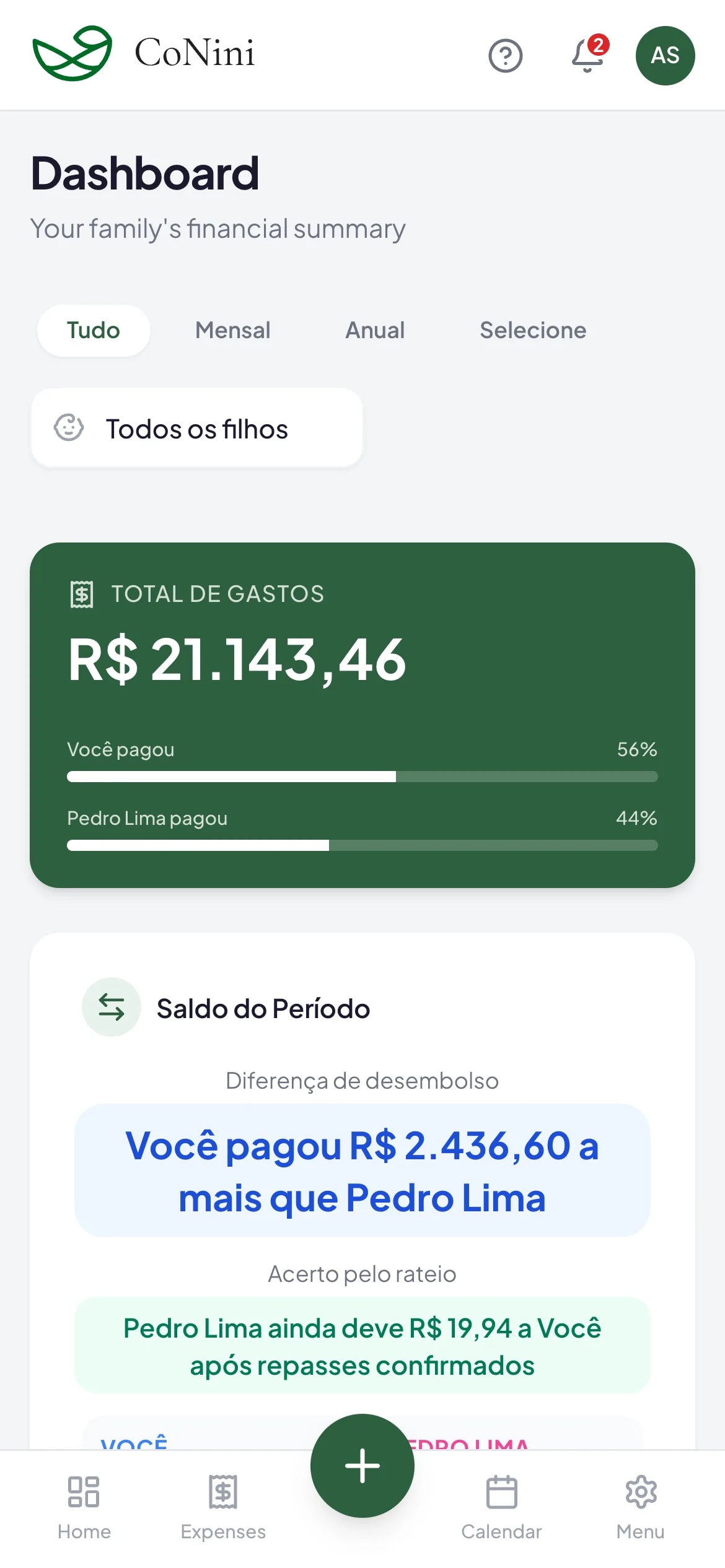 Example of the CoNini dashboard with sample data: monthly total, balance between parents, this week's calendar and latest expenses