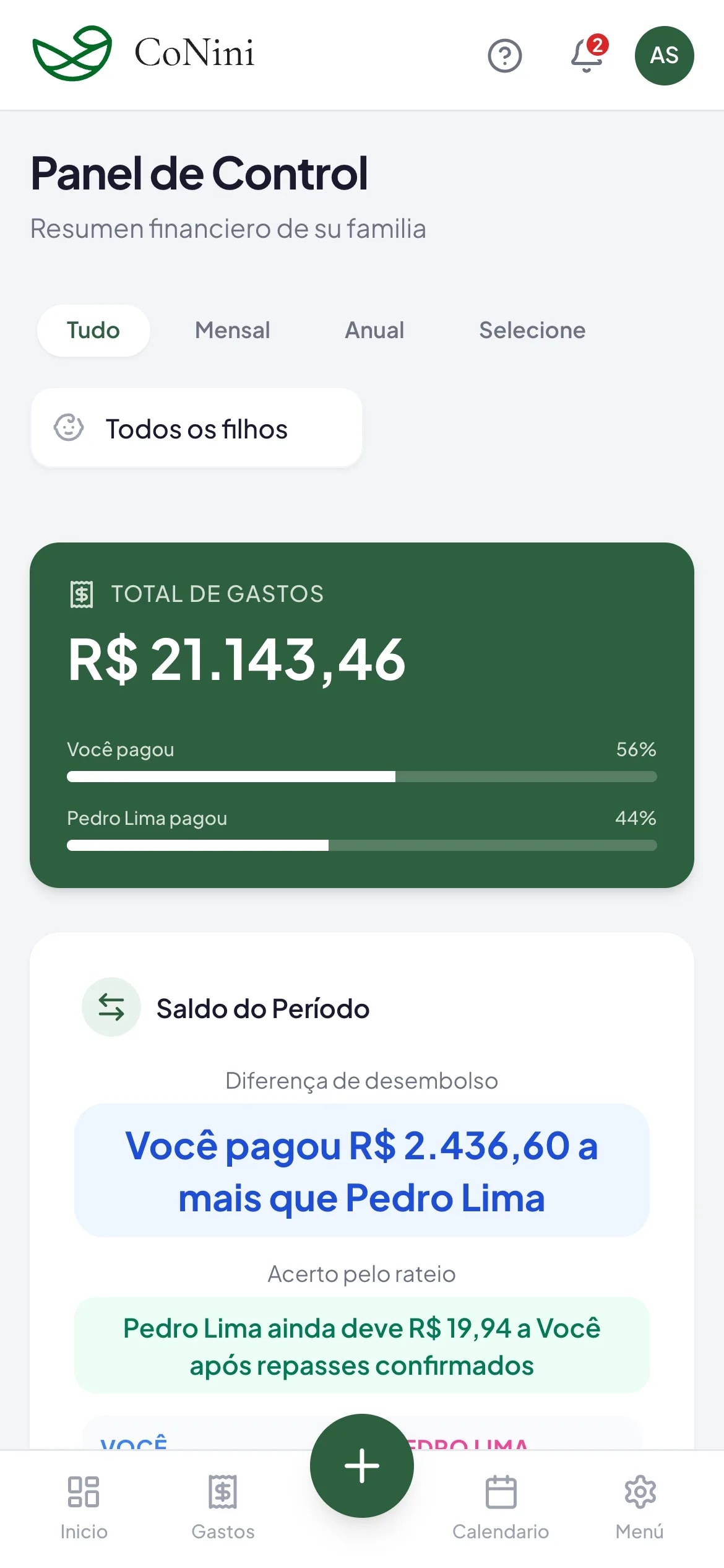 Ejemplo del panel de CoNini con datos ficticios: total del mes, saldo entre los padres, calendario de la semana y últimos gastos