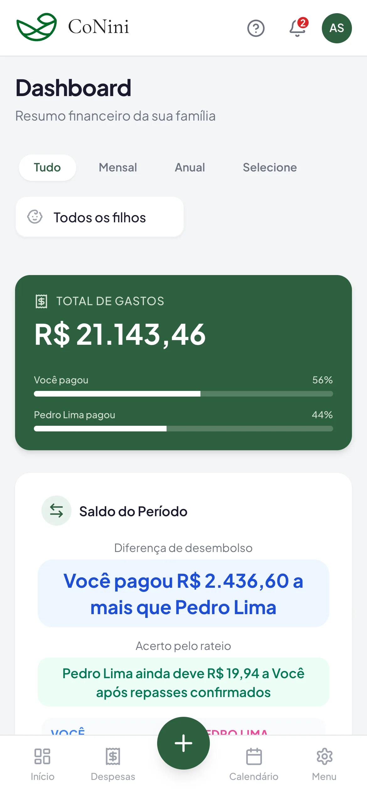 Exemplo do painel do CoNini com dados fictícios: total do mês, saldo entre os pais, calendário da semana e últimas despesas